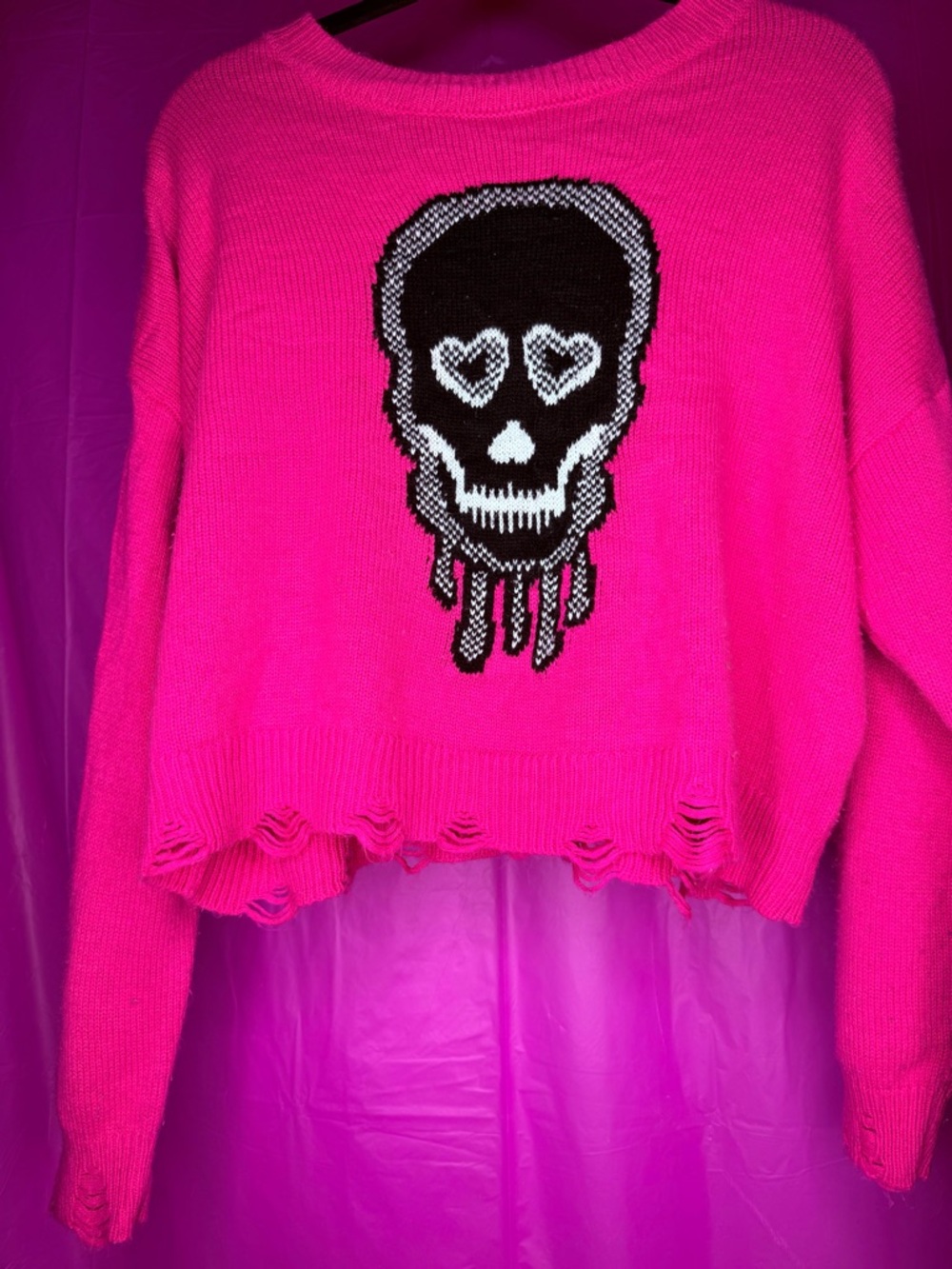 No Boundaries Hot Pink Crewneck Sweater with Black & White Skull